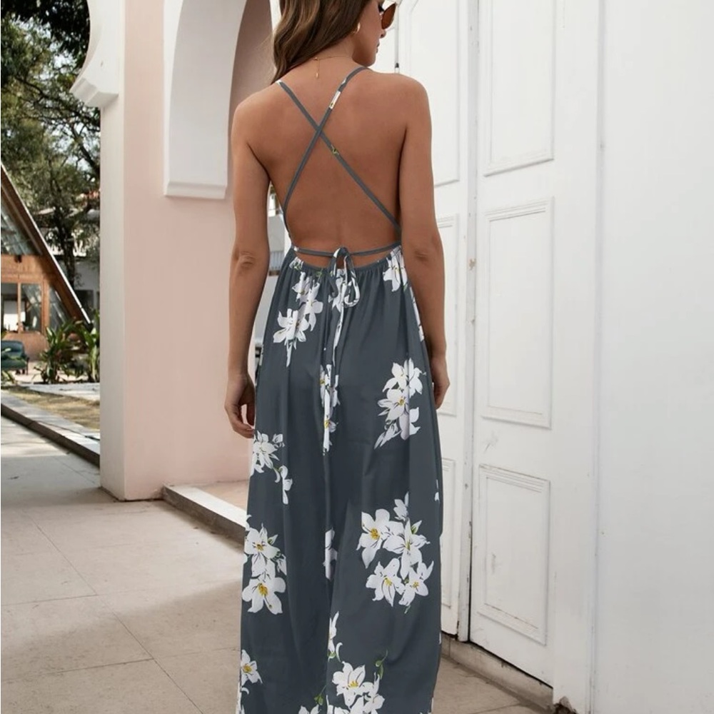 Floral split thigh crisscross backless cami dress